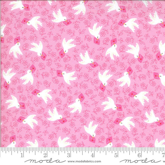 LAST CALL Be Mine - Sweet Nothings Airmail White Love Birds on Pink Valentine's Day Fabric, Moda 20713 12, Stacy Hsu, By the Yard