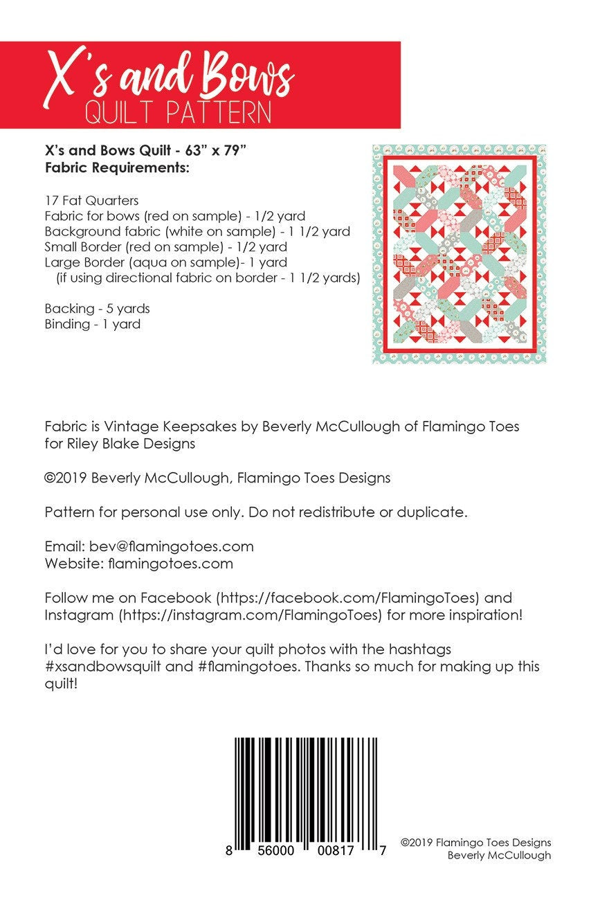 LAST CALL Xs and Bows Quilt Pattern, Flamingo Toes FT-8177, 17 Fat Quarters Fq Friendly, Kisses Throw Quilt Pattern, Beverly McCullough