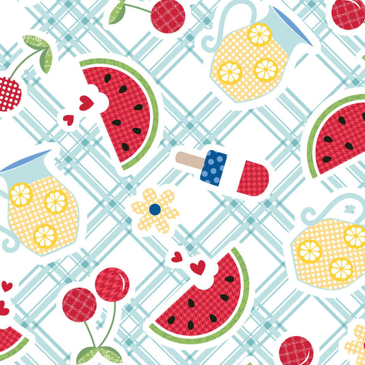 LAST CALL Red White and Bloom - Picnic Table Aqua Fabric, Maywood Studio MAS9902-Q, Independence Day Fabric, By the Yard