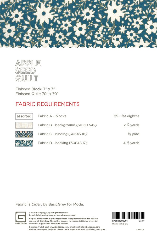 Apple Seed Quilt Pattern, BasicGrey PAT029, Fat Eighths Eights F8 Friendly Pattern, Modern Square Throw Quilt Pattern, Large Print Quilt