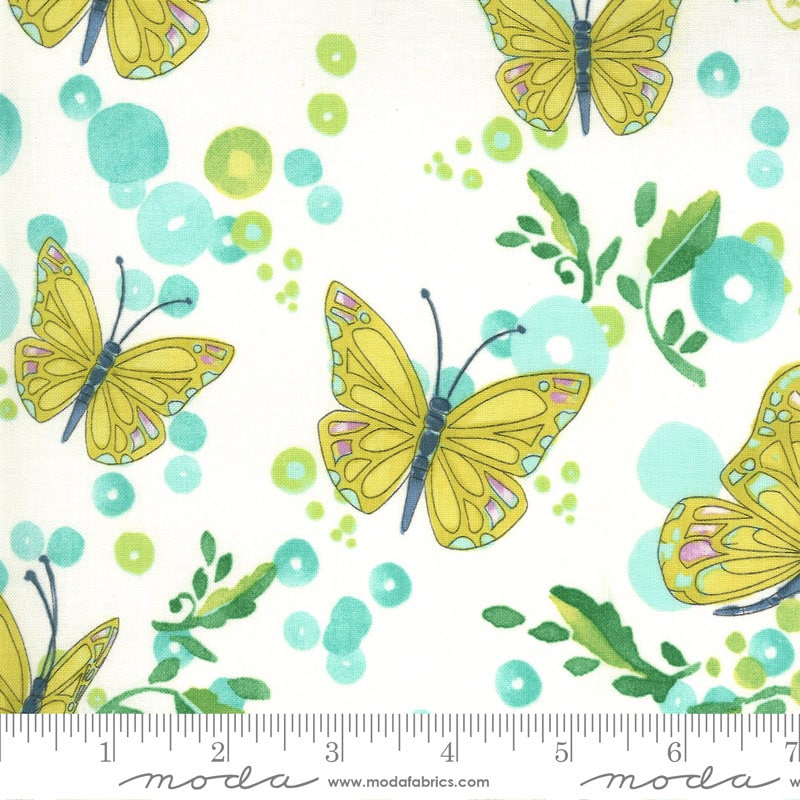 LAST CALL Cottage Bleu - Butterflies Cream Fabric, Moda 48691 11, Teal Cream Butterflies Floral Fabric, Robin Pickens, By the Yard