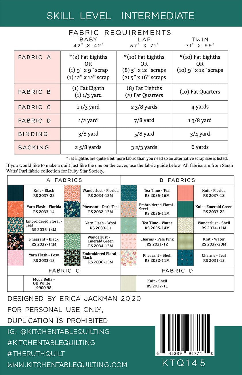 LAST CALL The Ruth Quilt Pattern, Kitchen Table Quilting KTQ145, Fat Eighth F8 Fat Quarter FQ Friendly, Baby Lap Twin Quilt Pattern
