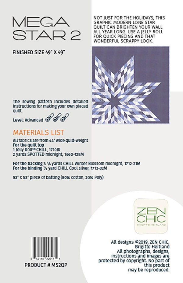 Mega Star 2 Quilt Pattern, Zen Chic MS2QP, Modern Lone Star Wall Quilt Pattern, Jelly Roll Friendly, Contemporary Lap Star Quilt