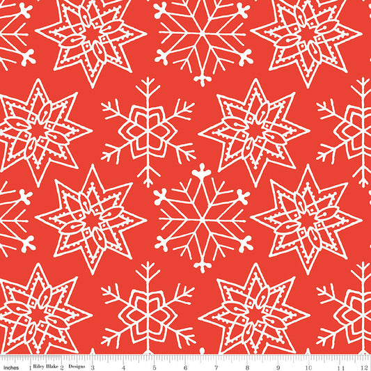 LAST CALL All About Christmas - White Snowflakes on Red Fabric, Riley Blake C10798-RED, Quilter's Cotton, By the Yard