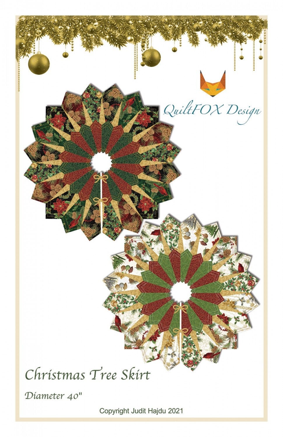 Christmas Tree Skirt Quilt Pattern, QuiltFOX QFOX-170, Modern Dresden Xmas Tree Skirt Pattern, Judit Hajdu