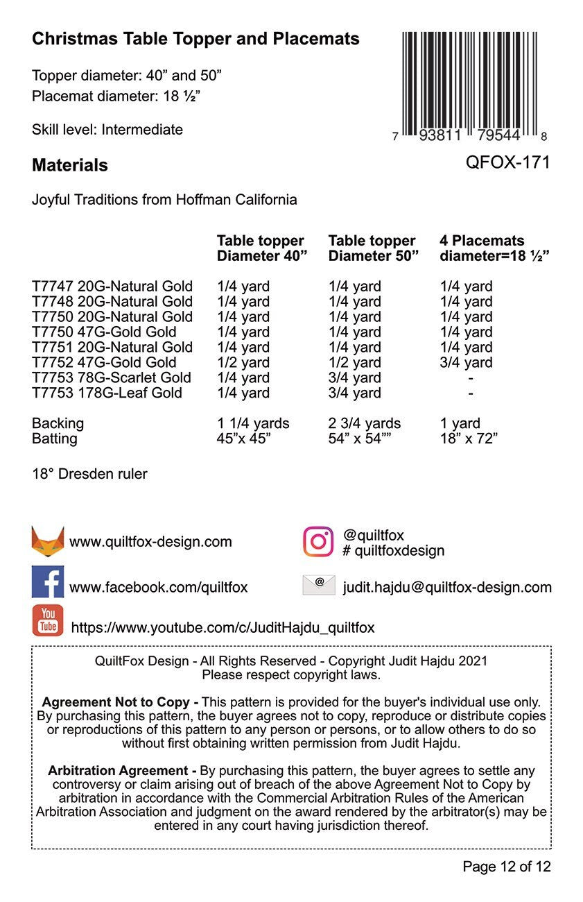 Christmas Table Topper and Place Mats Quilt Pattern, QuiltFox QFOX171, Modern Dresden Xmas Quilt Pattern, Christmas Placemats, Judit Hajdu
