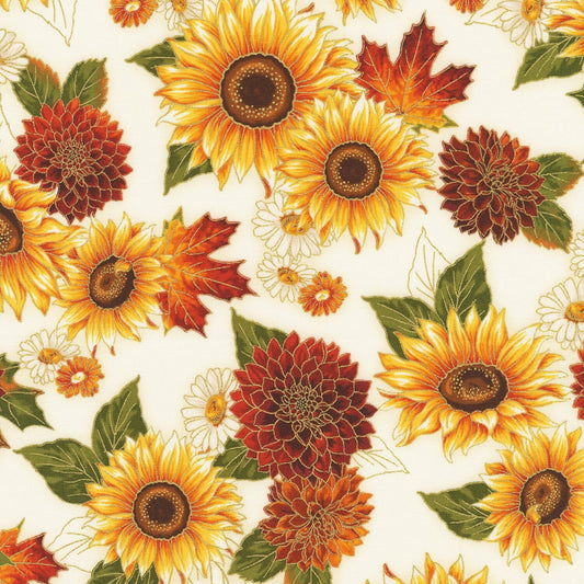 Autumn Bouquet - Sunflowers Chrysanthemums with Gold Metallic Accents Fabric, Robert Kaufman AHYM-19855-125 Sunflower, Fall Autumn Fabric