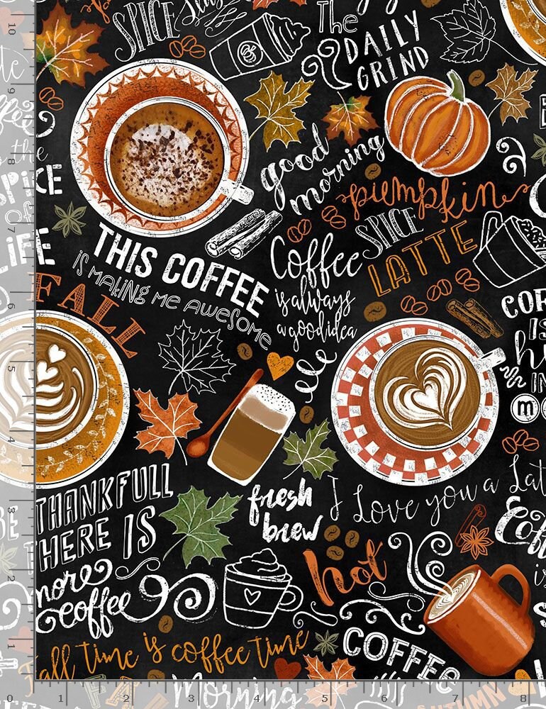 Rise and Grind - Pumpkin Spiced Latte Autumn Fall Coffee Themed Fabric, Timeless Treasures GAIL-C7034, By the Yard