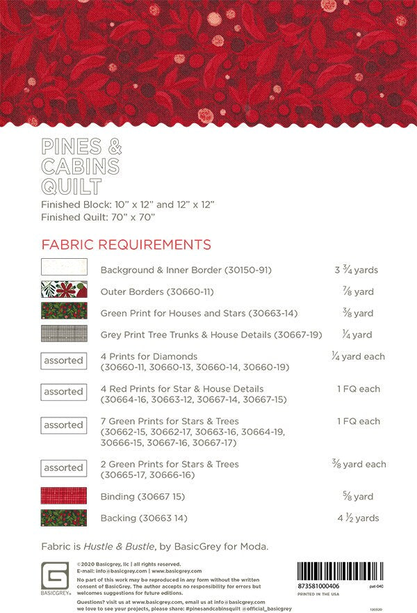 Pines and Cabins Quilt Pattern, BasicGrey PAT040, Yardage FQ Friendly Pattern, Christmas Xmas Tree House Throw Quilt Pattern