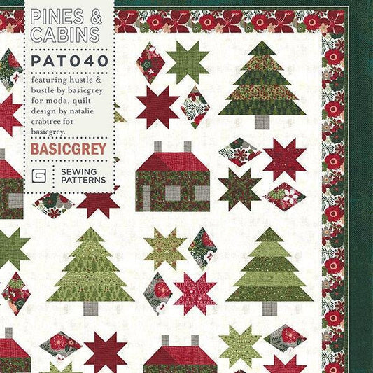 Pines and Cabins Quilt Pattern, BasicGrey PAT040, Yardage FQ Friendly Pattern, Christmas Xmas Tree House Throw Quilt Pattern