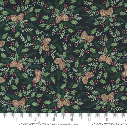 LAST CALL Home Sweet Holidays - Black Pinecones Holly Fabric, Moda 56004 15, Farmhouse Christmas Xmas Fabric, Deb Strain, By the Yard