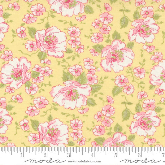 Grace - Sunbeam Focal Floral Fabric, Moda 18720 14, Pastel Pink Roses on Yellow Fabric, Brenda Riddle, By the Yard
