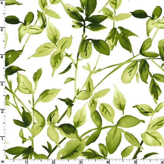 Bloom On - Green Leaves Leaf on Ultra White Fabric, Maywood Studio MAS10074-UW, Leaf Blender Fabric, By the Yard
