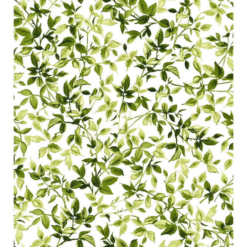 Bloom On - Green Leaves Leaf on Ultra White Fabric, Maywood Studio MAS10074-UW, Leaf Blender Fabric, By the Yard