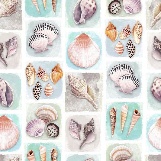 LAST CALL Seashell Wishes - Beach Collage Fabric, Clothworks Y3464-101 Turquoise, Seashore Ocean Beach Life Quilt Fabric, By the Yard
