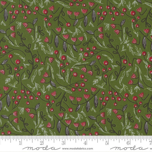 Merrymaking - Winter Berries Floral Red Green Metallic Fabric, Moda 48344 14M, Christmas Xmas Quilt Fabric, Gingiber, By the Yard