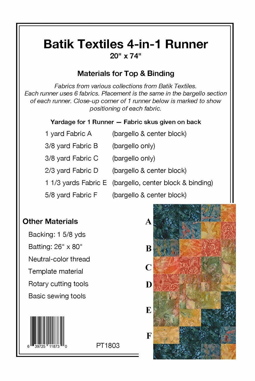 LAST CALL Batik Textiles 4 in 1 Runner Quilt Pattern, Pine Tree Country Quilts PT1803, Yardage Friendly, Bargello Table Runner Pattern