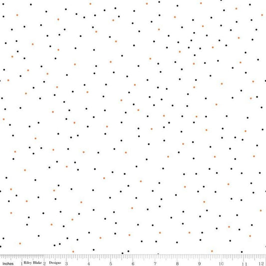 Seasonal Basics - Pin Dot Halloween Fabric, Riley Blake C705-Halloween, Black Orange Polka Dots on White Cotton Fabric, By the Yard