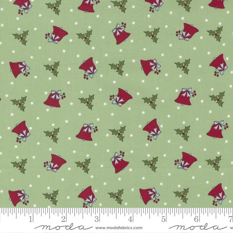 LAST CALL I Believe in Angels - Christmas Bells Holly Green Fabric, Moda 3002 14 Mistletoe, Christmas Xmas Cotton Quilt Fabric, By the Yard