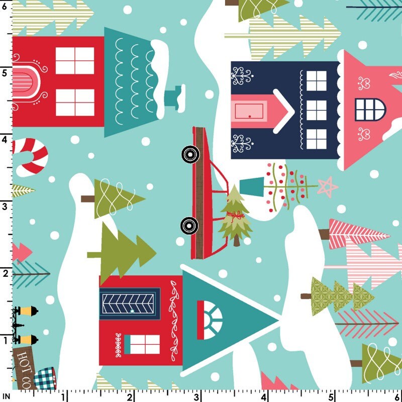 Cup of Cheer - Christmas Houses on Blue Fabric, Maywood Studio MAS10203-Q, Kimberbell Christmas Xmas Fabric, By the Yard
