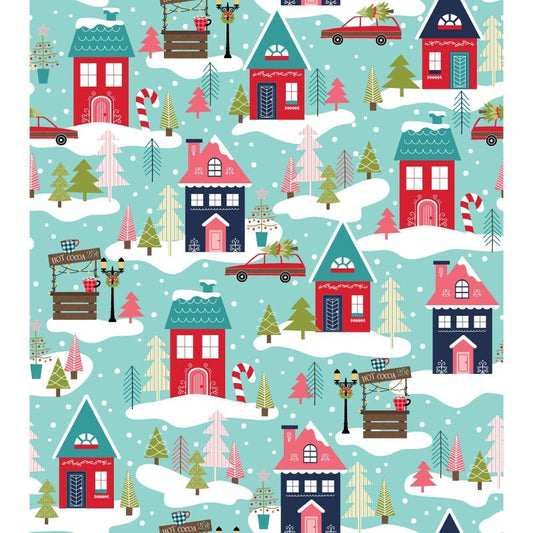 Cup of Cheer - Christmas Houses on Blue Fabric, Maywood Studio MAS10203-Q, Kimberbell Christmas Xmas Fabric, By the Yard
