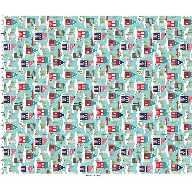 Cup of Cheer - Christmas Houses on Blue Fabric, Maywood Studio MAS10203-Q, Kimberbell Christmas Xmas Fabric, By the Yard
