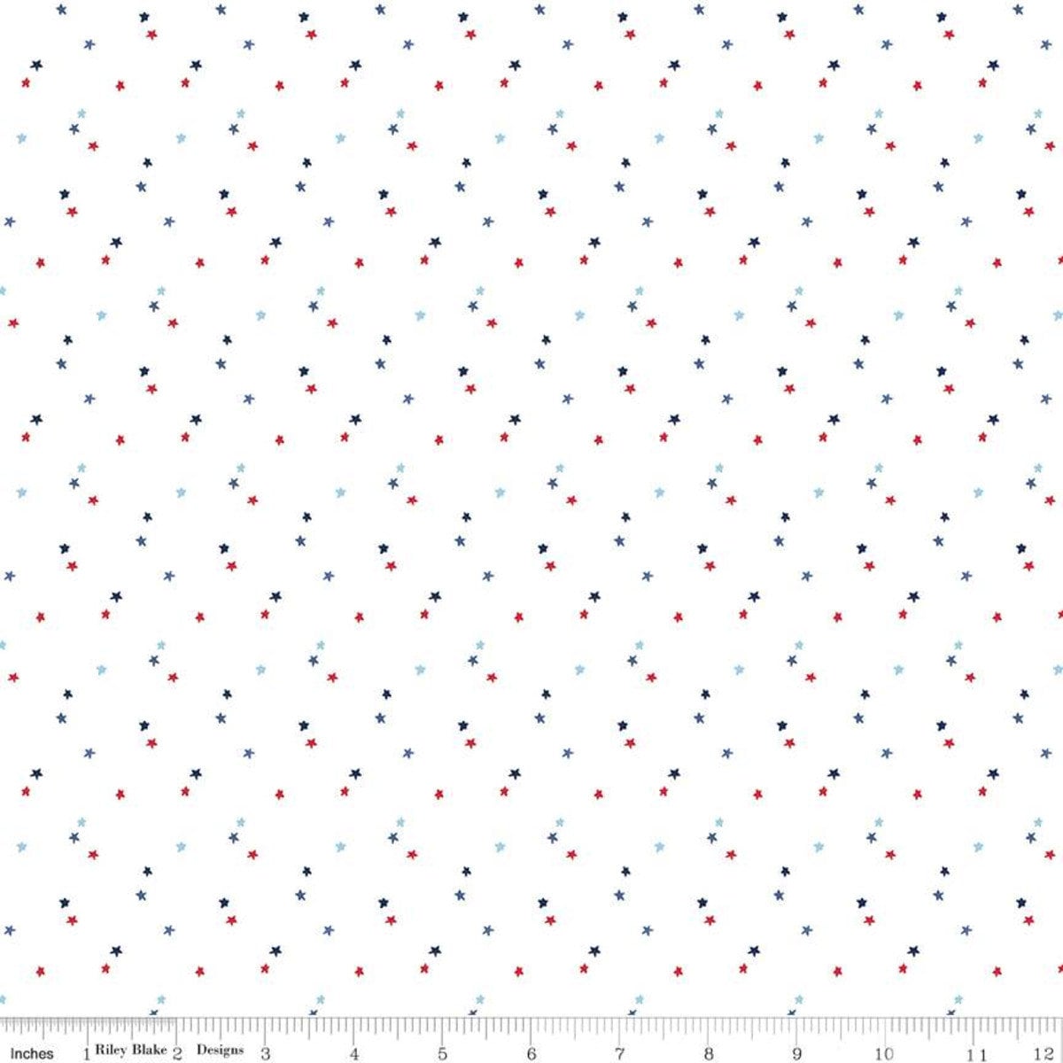 Patriotic Polka Dot Stars Fabric, Riley Blake C657-White, Seasonal Basics Patriotic Blender Background Cotton Fabric, By the Yard