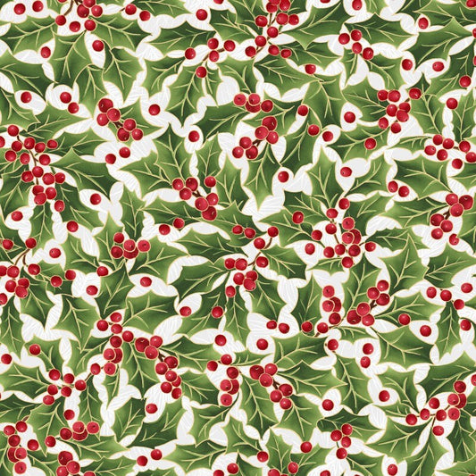 Evergreen Bows Metallic - Christmas Holly and Berries Fabric, Maywood Studio MAS10183-K, Xmas Holiday Fabric, By the Yard
