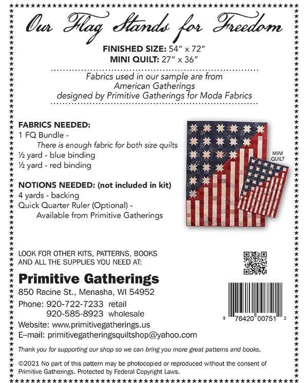 Our Flag Stands for Freedom Quilt Pattern, Primitive Gatherings PRI 751, Patriotic American Flag Throw or Mini Quilt Pattern