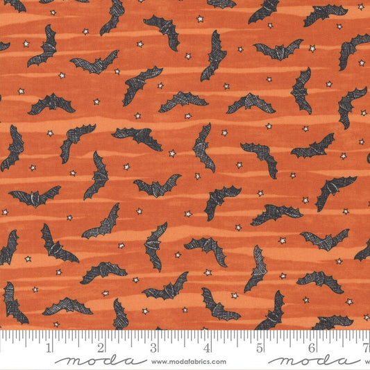 LAST CALL Ghostly Greetings - Pumpkin Halloween Bats on Orange Fabric, Moda 56046 13, Orange Black Halloween Blender Fabric, By the Yard