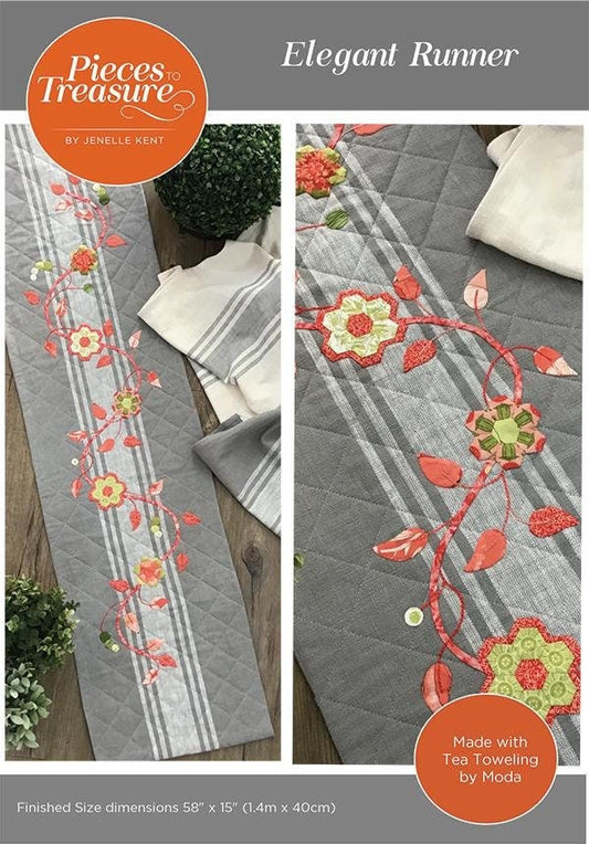 LAST CALL Elegant Table Runner Pattern, Pieces to Treasure PTT192, Moda Toweling Floral Table Runner Pattern, Floral Applique Pattern