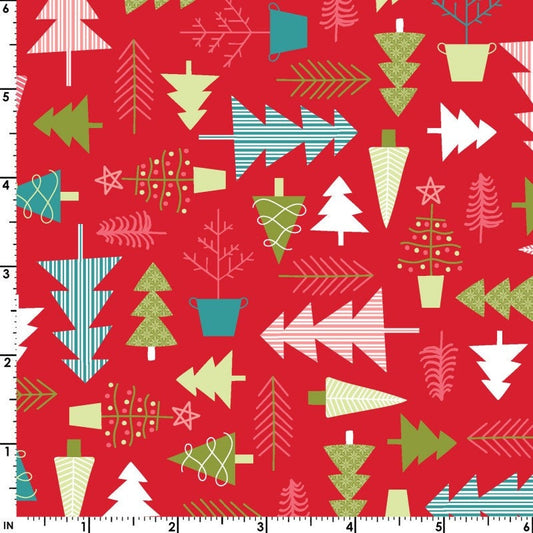 Cup of Cheer - Multicolored Christmas Trees on Red Fabric, Maywood Studio MAS10204-R, Kimberbell Christmas Xmas Fabric, By the Yard