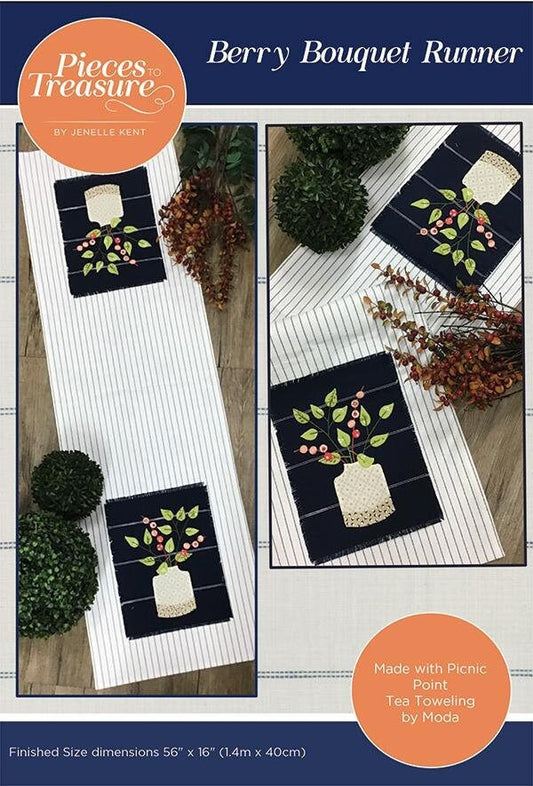 LAST CALL Berry Bouquet Table Runner Pattern, Pieces to Treasure PTT193, Moda Toweling Floral Applique Table Runner Pattern