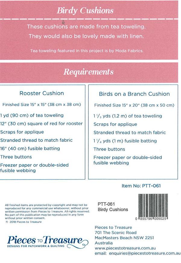 LAST CALL Birdy Cushions Pattern, Pieces to Treasure PTT061, Moda Toweling Cushion Pillow Covers Pattern, Bird Rooster Applique Pattern