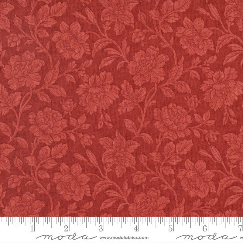 Rendezvous - Red Tonal Floral Damask Fabric, Moda 44303 13 Crimson, Large Floral Damask Blender Fabric, 3 Sisters, By the Yard