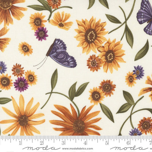 Sunflower Garden - Sunflowers Butterflies on Cream Fabric, Moda 6891 11 Porcelain, Butterfly Floral Fabric, Holly Taylor, By the Yard