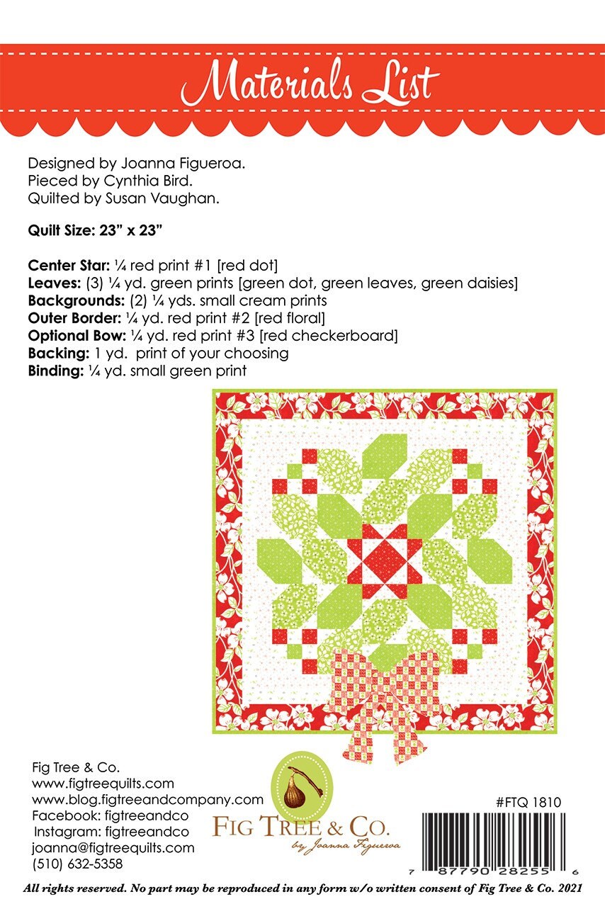 LAST CALL Holly Berries Table Topper Quilt Pattern, Fig Tree Quilts FTQ1810, Christmas Xmas Square Table Wall Quilt Wreath Pattern