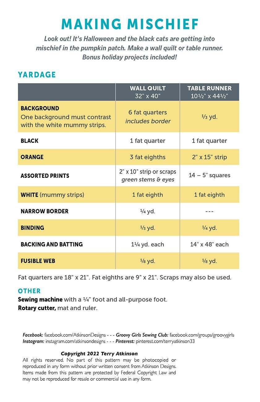 Making Mischief Table Runner Quilt Pattern, Atkinson Designs ATK-210, Fat Quarter FQ Friendly Pattern, Halloween Cat Pumpkin Quilt Pattern