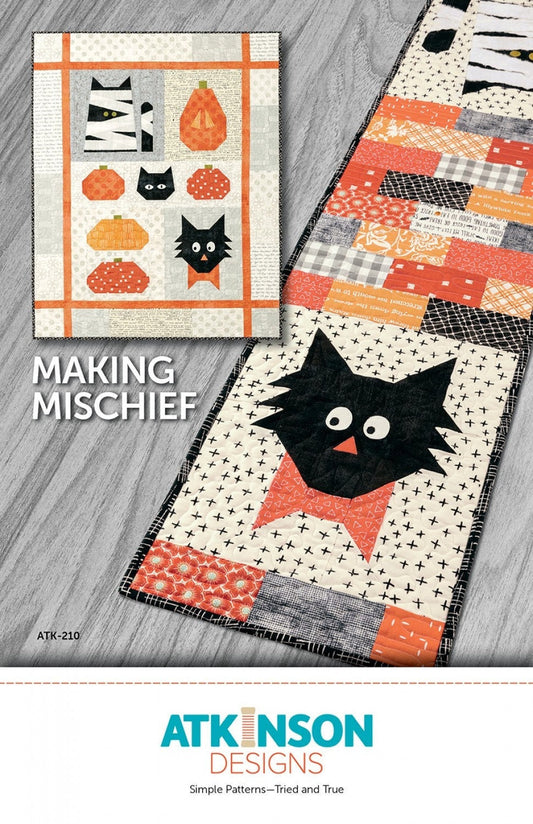 Making Mischief Table Runner Quilt Pattern, Atkinson Designs ATK-210, Fat Quarter FQ Friendly Pattern, Halloween Cat Pumpkin Quilt Pattern