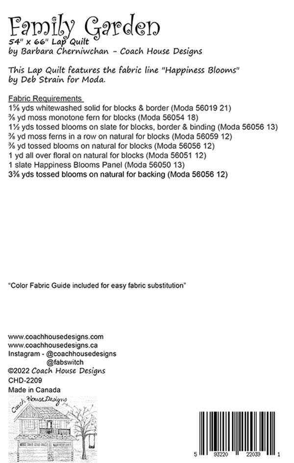 LAST CALL Family Garden Quilt Pattern, Coach House Designs CHD-2209, Fabric Panel Friendly Lap Quilt Pattern, Flowers Quilt Pattern