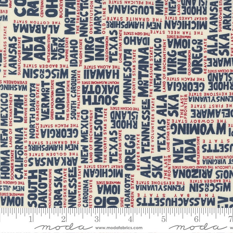 Stateside - States Names Vanilla Navy Fabric, Moda 55610 33 Navy, US States Patriotic Text Fabric, QOV, By the Yard