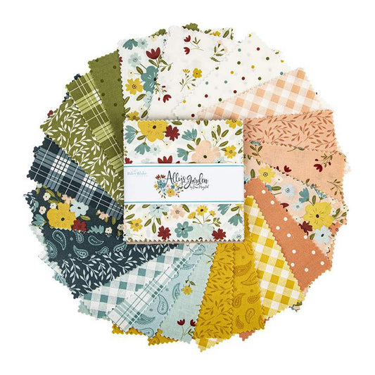 LAST CALL Ally's Garden 5" Stacker, Riley Blake 5-13240-42, Pink Blue Green Gold Floral Quilt Fabric Squares, Mogstad