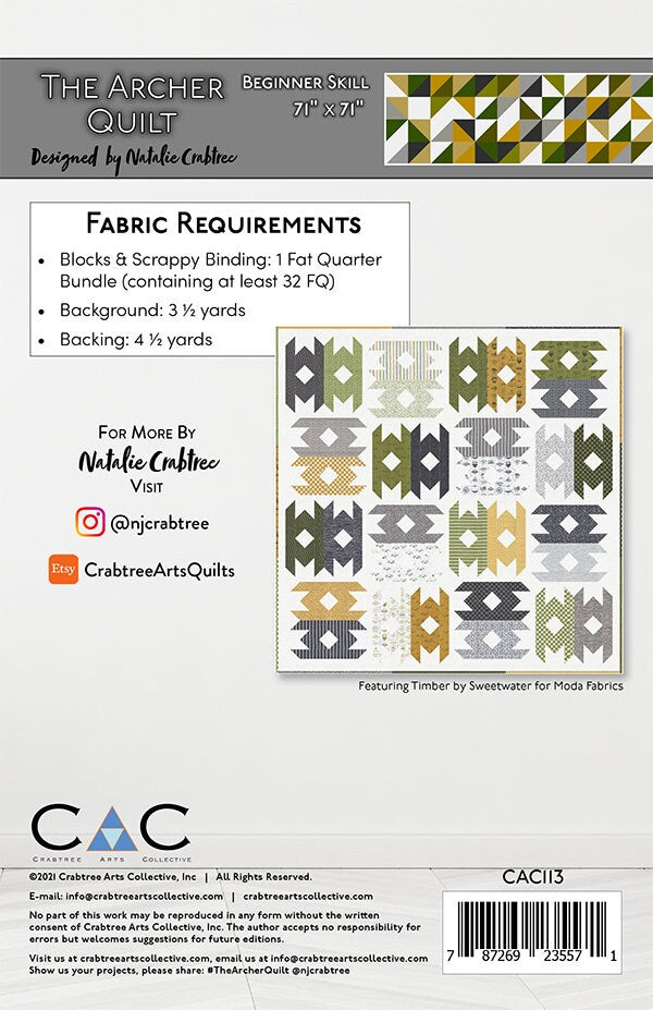 LAST CALL The Archer Quilt Pattern, Crabtree Arts Collective CAC113, Fat Quarter FQ Friendly, Square Oversized Throw Quilt Pattern