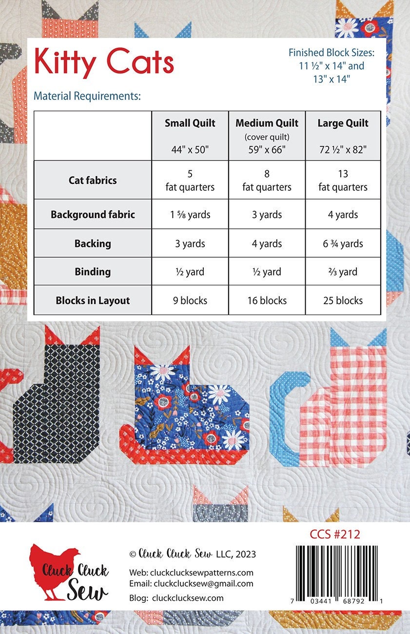 Kitty Cats Quilt Pattern, Cluck Cluck Sew CCS212, FQ Fat Quarter Friendly, Cat Lovers Crib Lap Throw Quilt Pattern