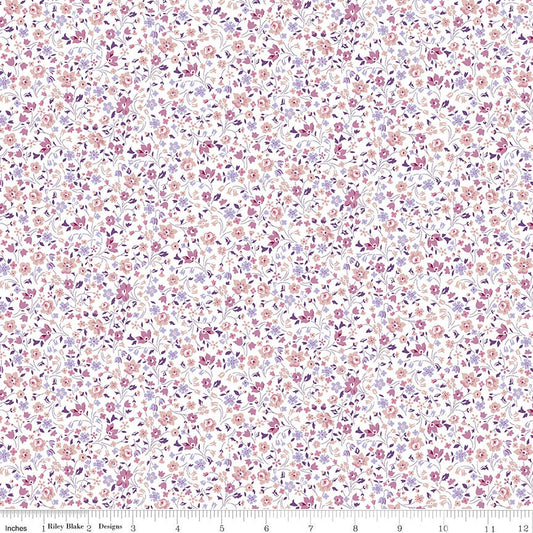 LAST CALL Botanical Jewel - Kimberley and Sarah A Calico Floral Fabric, Liberty 01666826A, Purple Pink Flowers on White Fabric, By the Yard