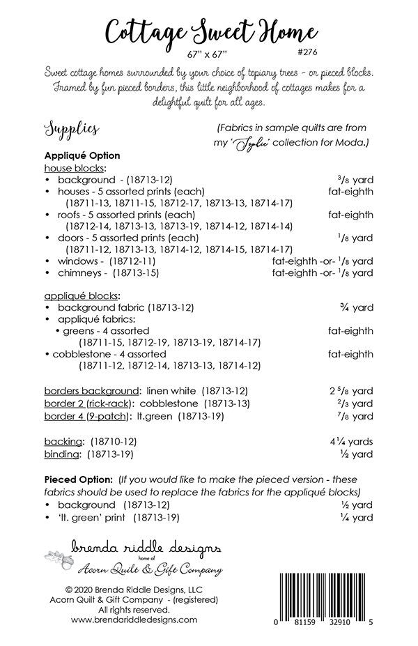 LAST CALL Cottage Sweet Home Quilt Pattern, Acorn Quilt and Gift AQG276, Fat Eighths Friendly, Houses Applique Quilt Pattern, Brenda Riddle