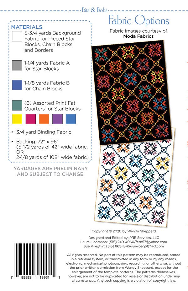Bits and Bobs Quilt Pattern, Wendy Sheppard WS32, Fat Quarter FQ Friendly Star Throw Quilt Pattern