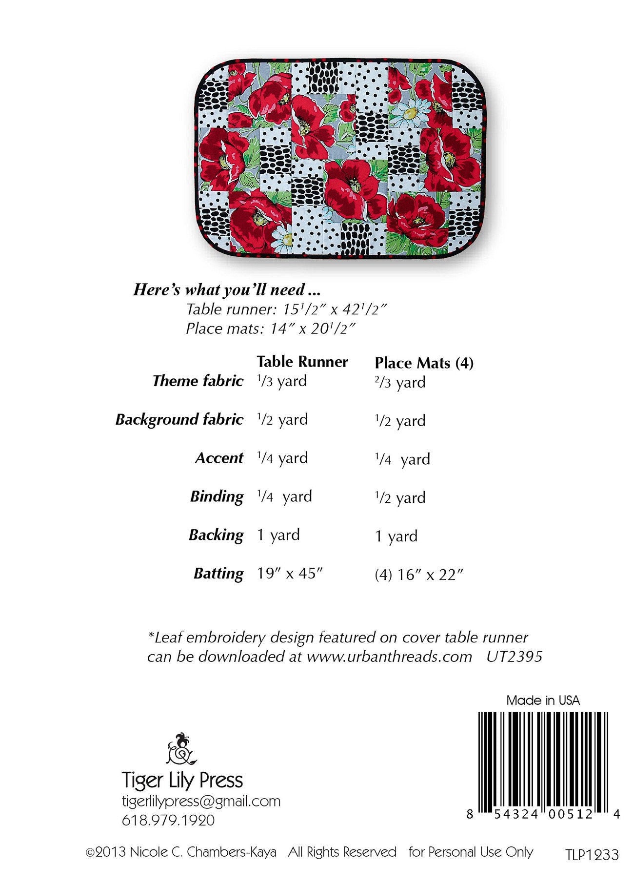 3 Easy Pieces Quilt Pattern, Tiger Lily Press TLP1233, Yardage Friendly Table Runner Place Mats Quilt Pattern, Easy Table Quilt