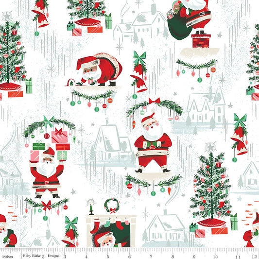 Twas - Main White Santa Claus Sparkle Fabric, Riley Blake SC13460-WHITE, Christmas Xmas Quilt Apparel Fabric, Quilter's Cotton, By the Yard