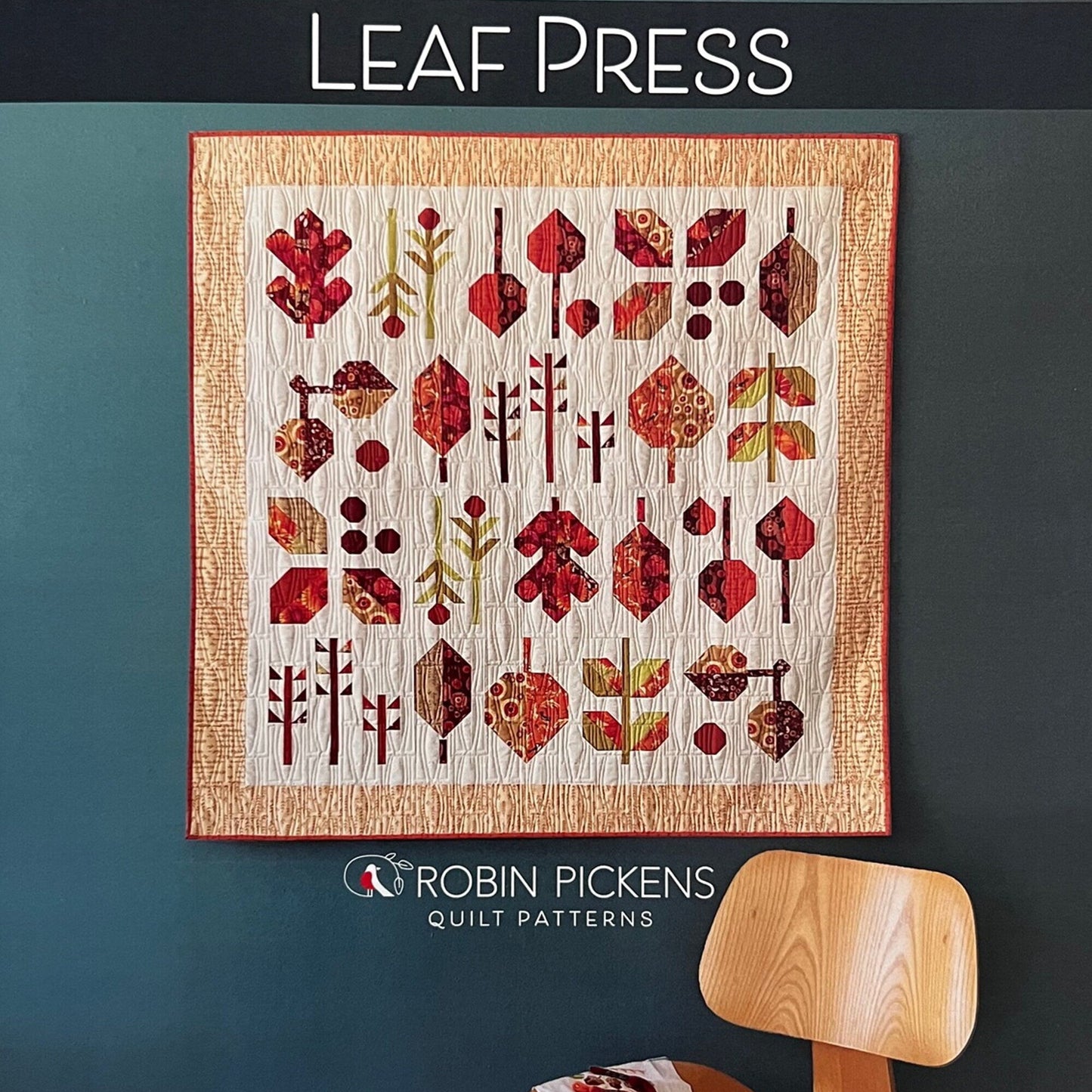 Leaf Press Quilt Pattern, Robin Pickens RPQP-LP150, Fat Eighths F8 Friendly, Autumn Fall Leaves Square Lap Throw Baby Wall Quilt Pattern